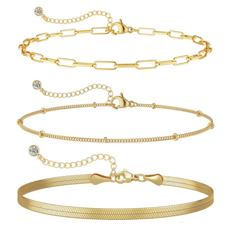 3pcs 14K Gold Plated STAINLESS Waterproof Bracelet Sets for Women Girls Snake Chain Cuban Link Cuff Bangle Stackable Bracelets