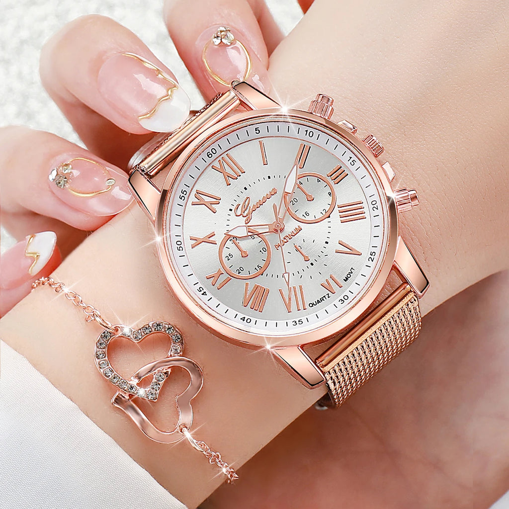 5PCS/Set Geneva Watch Fashion Plastic Band Women Watches Rhinestone Heart Jewelry Set Ladies Quartz Watch（Without Box）