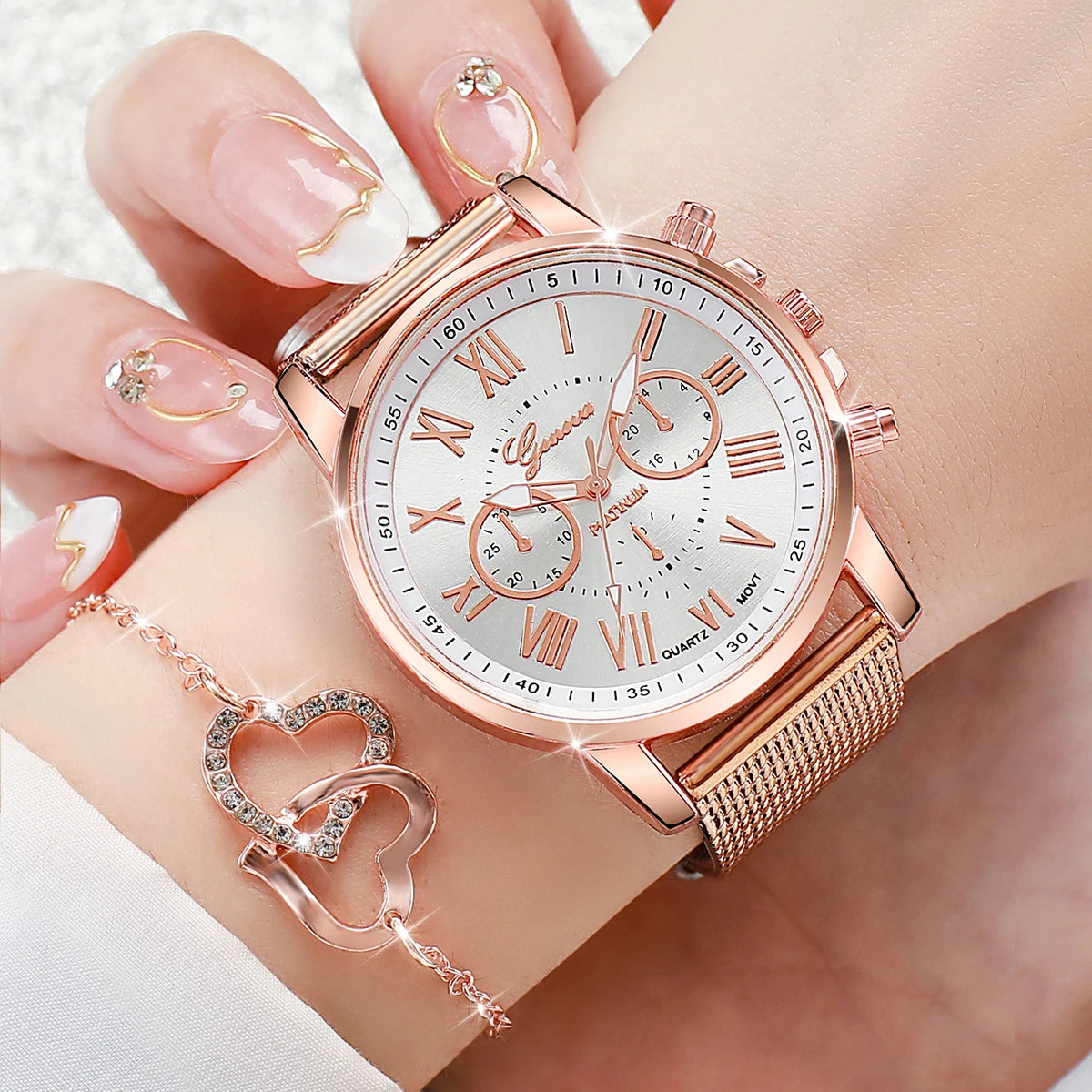5PCS/Set Geneva Watch Fashion Plastic Band Women Watches Rhinestone Heart Jewelry Set Ladies Quartz Watch（Without Box）