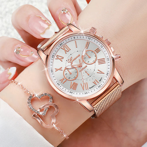 5PCS/Set Geneva Watch Fashion Plastic Band Women Watches Rhinestone Heart Jewelry Set Ladies Quartz Watch（Without Box）