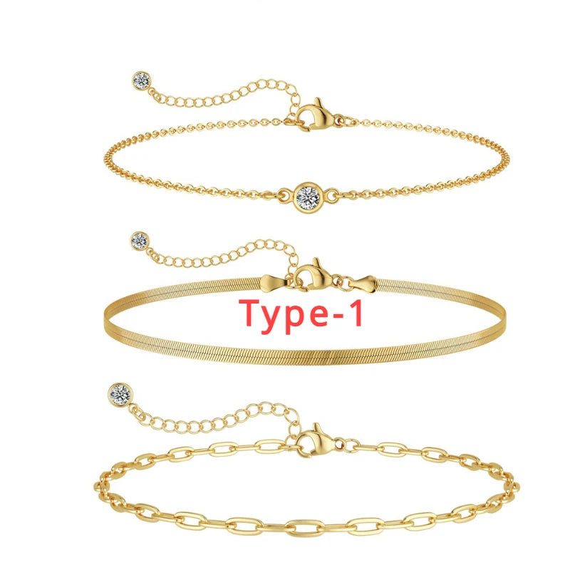 3pcs 14K Gold Plated STAINLESS Waterproof Bracelet Sets for Women Girls Snake Chain Cuban Link Cuff Bangle Stackable Bracelets
