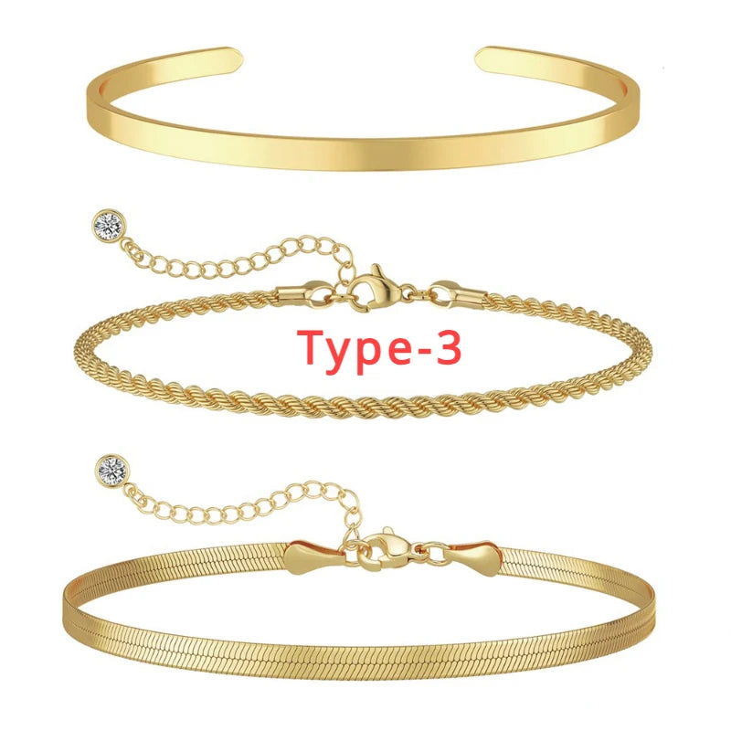 3pcs 14K Gold Plated STAINLESS Waterproof Bracelet Sets for Women Girls Snake Chain Cuban Link Cuff Bangle Stackable Bracelets