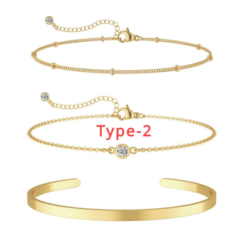 3pcs 14K Gold Plated STAINLESS Waterproof Bracelet Sets for Women Girls Snake Chain Cuban Link Cuff Bangle Stackable Bracelets