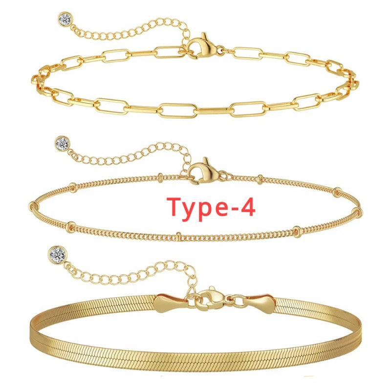 3pcs 14K Gold Plated STAINLESS Waterproof Bracelet Sets for Women Girls Snake Chain Cuban Link Cuff Bangle Stackable Bracelets